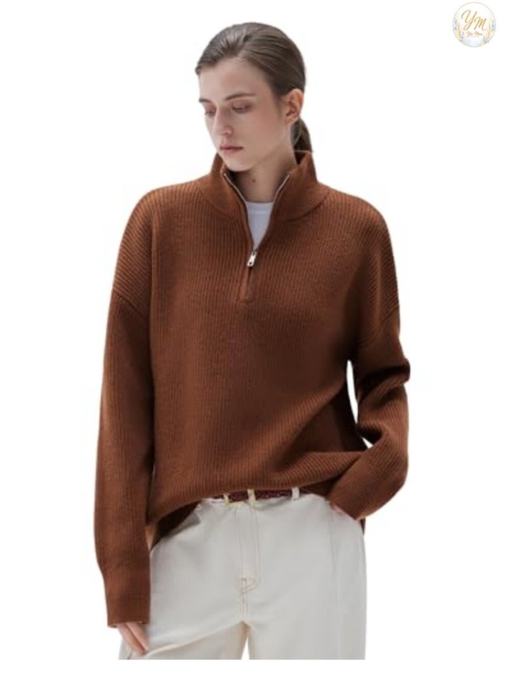 Women's Cashmere Blend Quarter Zip Pullover Sweater Oversized Chunky Knit